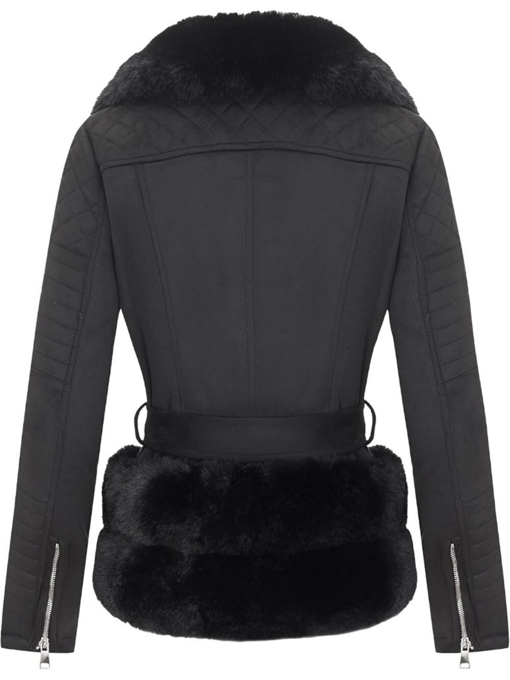 Womens Black Polyester Faux Motorcycle Stylish Removable Fur Collar Jacket - Picture 2 of 5